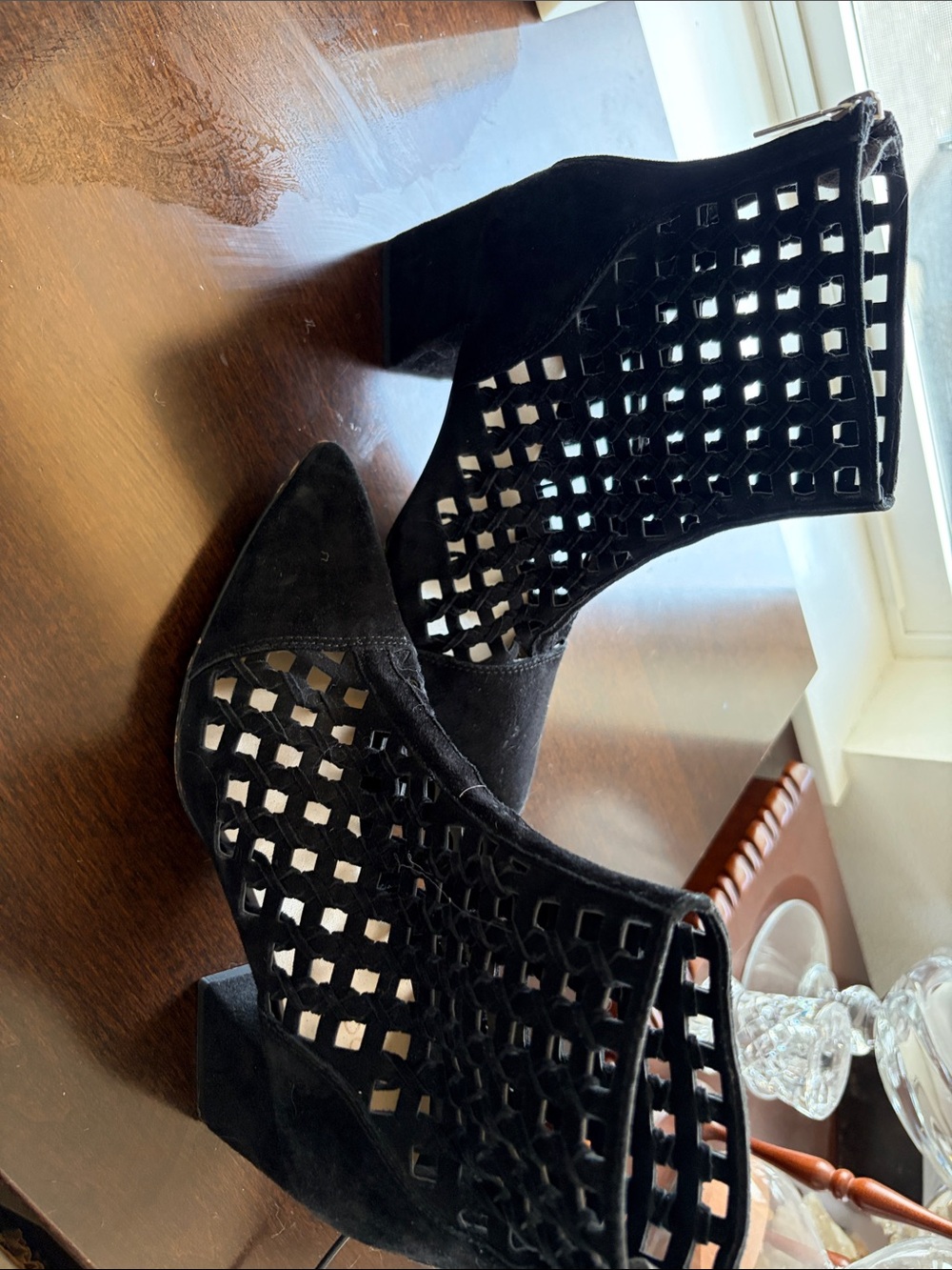 Black Suede Cutout Ankle Booties - Women